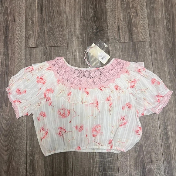 NWT LoveShackFancy Elania Crop Top Pink White Floral Print Women's Size Large - Picture 7 of 8